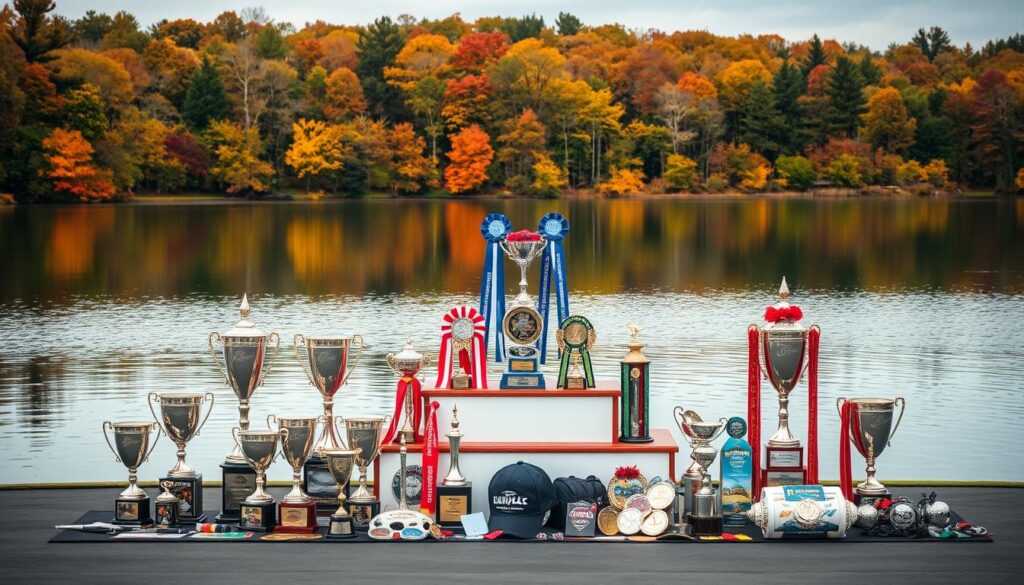 A pristine freshwater lake, its calm surface reflecting the vibrant autumn foliage surrounding it. In the foreground, a meticulously arranged display of bass fishing tournament trophies and prizes - gleaming silver cups, shimmering medals, and an array of advanced fishing gear. The middle ground features a stylized podium, its tiers adorned with ribbons and banners, symbolizing the distinct levels of achievement. Overhead, a soft, diffused lighting casts a warm, celebratory glow, accentuating the prestige and significance of these hard-earned accolades. The overall composition conveys a sense of pride, accomplishment, and the reverence for the sport of bass fishing.