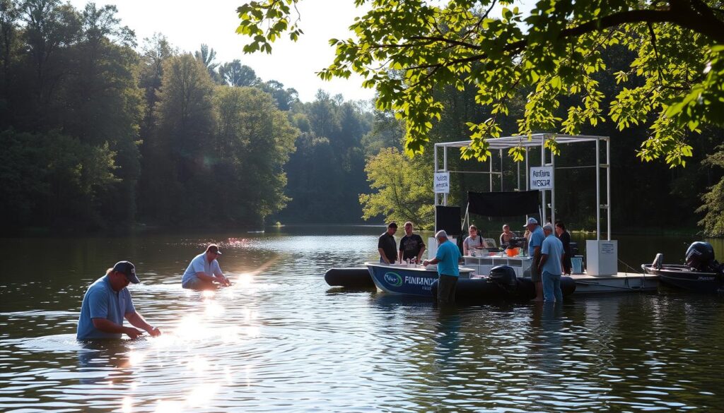 A serene lake surrounded by lush foliage, the sun's rays filtering through the trees. In the foreground, anglers carefully handle their catch, showcasing sustainable tournament practices. The middle ground features a well-organized registration area, with officials guiding participants through the check-in process. In the background, a state-of-the-art weigh-in station, designed to minimize stress on the fish. The scene exudes a sense of harmony, where environmental responsibility and sportsmanship take center stage, creating a tournament experience that delivers tangible value to both participants and sponsors.