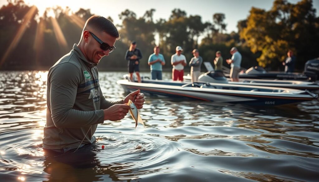 A serene lakeside setting, the sun's golden rays filtering through lush foliage. In the foreground, an angler stands knee-deep in the crystal-clear waters, meticulously rigging a specialized lure. Their face is focused, brimming with the thrill of the impending tournament. In the middle ground, a group of anglers discuss strategies, gesturing animatedly as they analyze detailed maps and charts. In the background, sleek, state-of-the-art bass boats are moored, their hulls gleaming in the soft light. The atmosphere is one of camaraderie, innovation, and the shared pursuit of excellence in the sport of competitive bass fishing.