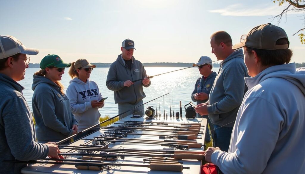 A serene lakeside setting, the sun's warm glow casting a tranquil ambiance. In the foreground, a group of volunteers gathered around a table, intently studying fishing rods and tackle, their faces animated with enthusiasm as they learn the techniques of bass fishing. In the middle ground, a seasoned instructor demonstrates proper casting methods, guiding the volunteers through each step. In the background, the vast expanse of the lake shimmers, inviting the volunteers to put their newfound skills to the test. The scene exudes a sense of camaraderie and a shared dedication to honing their abilities, preparing them for the upcoming bass fishing event.