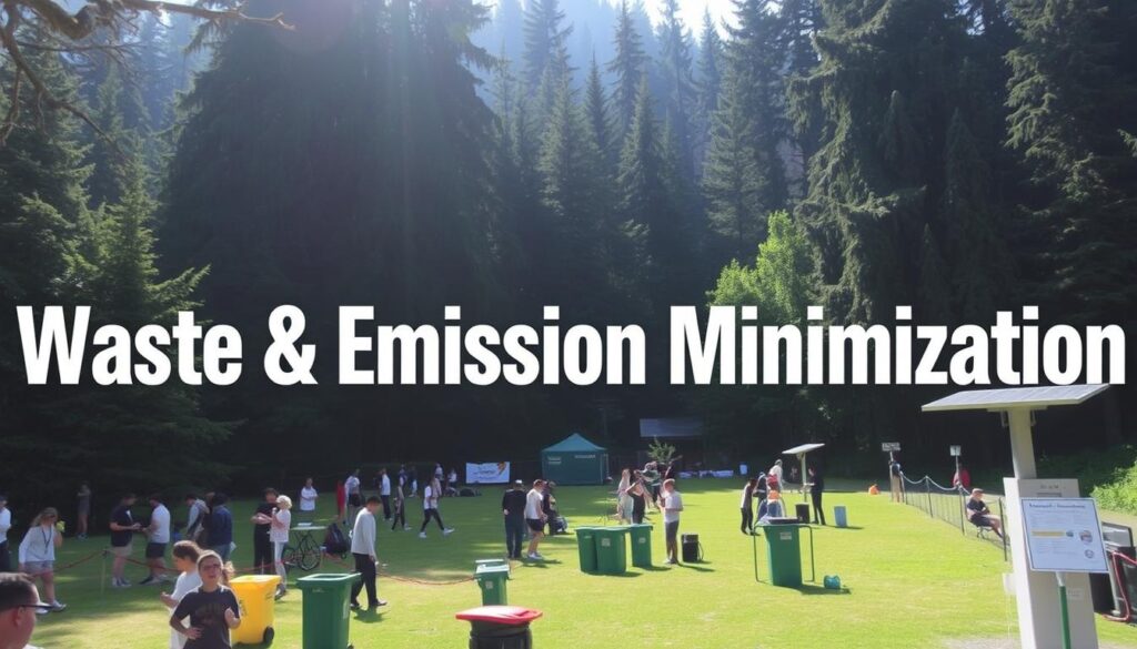 A serene outdoor setting, a lush forest backdrop with towering evergreens. In the foreground, a bustling tournament grounds with eco-friendly practices on display. Participants collecting recyclables, compost bins placed strategically, and solar-powered charging stations dotting the landscape. The lighting is soft and natural, with the sun's rays filtering through the canopy above. The overall atmosphere is one of environmental consciousness and sustainability, perfectly capturing the "Waste & Emission Minimization" theme of the article.