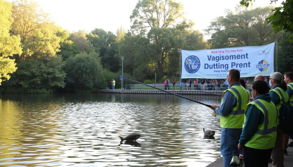 A serene pond surrounded by lush foliage, the surface dotted with rippling waves as anglers carefully cast their lines. In the foreground, a group of volunteers in high-visibility vests monitor the scene, ensuring the safety of the fishing event. The warm afternoon sunlight filters through the trees, casting a golden glow across the tranquil setting. In the background, a large banner proudly displays the event's name, inviting participants to join in the day's activities. The overall atmosphere conveys a sense of order, security, and enjoyment, reflecting the careful planning and attention to detail that went into organizing this community event.