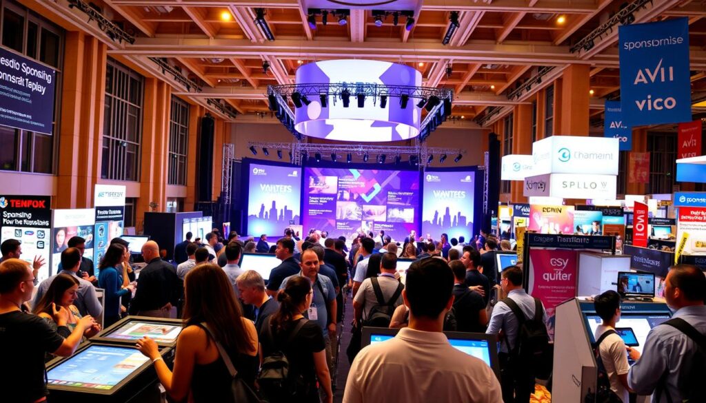 A vibrant and dynamic scene showcasing various sponsorship add-ons strategies. In the foreground, a group of enthusiastic attendees engage with interactive displays, exploring different sponsorship packages and opportunities. The middle ground features a large event stage, adorned with sleek branding and signage, capturing the attention of the audience. In the background, a bustling exhibition hall with colorful booths and banners, highlighting the diverse range of sponsor offerings. The lighting is warm and inviting, creating a lively atmosphere that encourages attendees to immerse themselves in the sponsorship experience. The camera angle is slightly elevated, providing a comprehensive view of the event's sponsorship ecosystem.