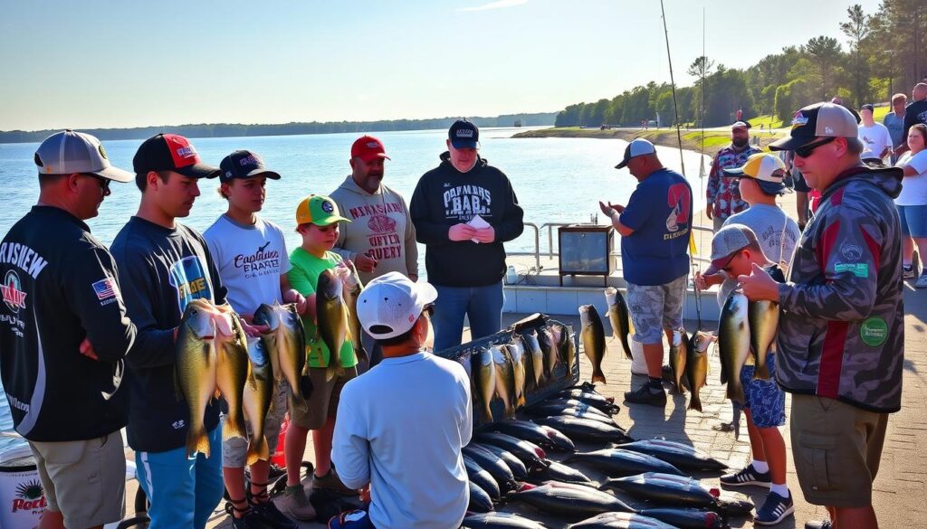 A vibrant youth bass tournament scene, with anglers hauling in their prize catches under the warm glow of the afternoon sun. In the foreground, a group of young competitors proudly display their trophies, surrounded by attentive sponsors offering congratulations and discussing potential endorsement opportunities. In the middle ground, tournament organizers confer with one another, meticulously reviewing the event's rules and regulations to ensure fairness and accessibility for all participants. The background depicts a picturesque lakeside setting, with spectators cheering on the young anglers from the shore, creating an atmosphere of excitement and community engagement.