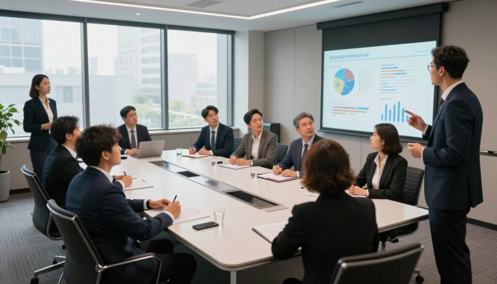 A dynamic conference room filled with diverse business professionals engaged in a presentation showcasing successful tournament sponsorship case studies. In the foreground, two individuals in smart business attire are passionately discussing strategies on a large screen displaying graphs and visuals. In the middle ground, attendees sit around a sleek, modern conference table, taking notes and looking attentive, with expressions of inspiration and determination. The background features large windows letting in daylight, illuminating the room with a warm, professional atmosphere. Use a wide-angle lens perspective to capture the depth and engagement among participants. The overall mood should convey optimism, collaboration, and achievement, emphasizing the key factors for success in sponsorships.