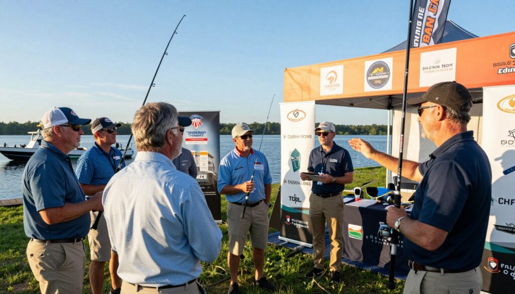A dynamic scene showcasing a fishing tournament event designed for potential sponsors. In the foreground, a diverse group of professional anglers, dressed in business casual attire, are engaged in conversation, highlighting the excitement of their competitions. One angler is showing off a branded fishing rod while another gestures towards a vibrant banner featuring sponsorship logos. In the middle ground, an eye-catching setup includes booths with promotional displays, fishing gear, and interactive activities that encourage sponsor engagement. The background features a serene lake under a bright blue sky, with boats set up for the competition. Soft, warm lighting creates an inviting atmosphere, capturing the spirit of camaraderie and potential partnerships in the angling community. A dynamic scene showcasing a fishing tournament event designed for potential sponsors. In the foreground, a diverse group of professional anglers, dressed in business casual attire, are engaged in conversation, highlighting the excitement of their competitions. One angler is showing off a branded fishing rod while another gestures towards a vibrant banner featuring sponsorship logos. In the middle ground, an eye-catching setup includes booths with promotional displays, fishing gear, and interactive activities that encourage sponsor engagement. The background features a serene lake under a bright blue sky, with boats set up for the competition. Soft, warm lighting creates an inviting atmosphere, capturing the spirit of camaraderie and potential partnerships in the angling community.