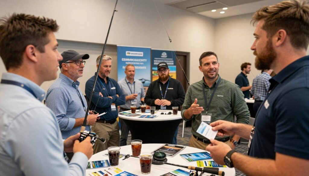 A professional networking event showcasing a group of diverse anglers engaged in lively discussion. In the foreground, two anglers, one with a fishing rod in hand and the other holding a business card, are animatedly exchanging ideas, both wearing smart-casual attire. In the middle ground, a small round table filled with fishing gear, brochures, and drinks, where other anglers are sharing experiences and insights. The background features a well-decorated venue with soft, warm lighting and banners promoting the art of communication in fishing partnerships. The atmosphere is energetic and collaborative, emphasizing strong connections and mutual benefits. Capture this scene using a slight low-angle perspective to enhance the sense of engagement and interaction.