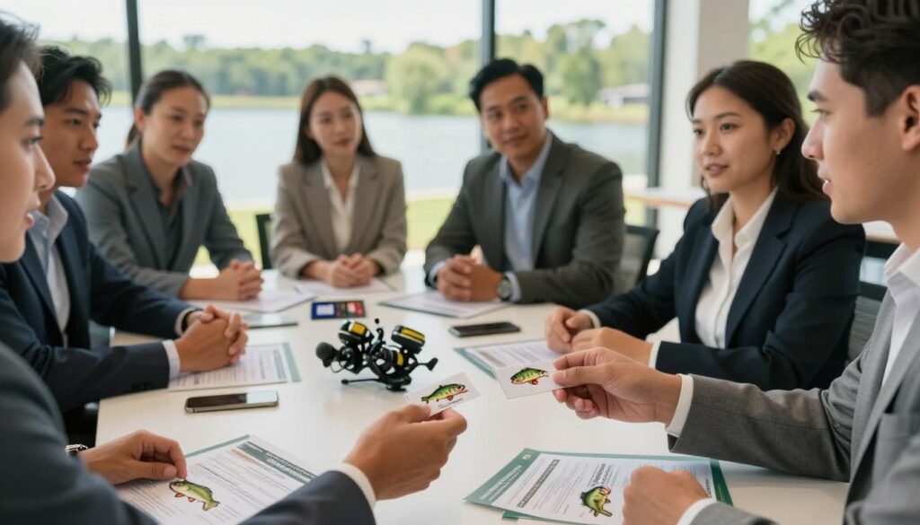 A professional setting depicting a group of diverse business people engaged in dynamic discussions around a large table covered with bass fishing gear, sponsorship proposals, and marketing materials. Foreground: close-up of hands exchanging business cards featuring bass tournament logos. Middle: a mix of men and women in professional business attire collaborating, with expressions of enthusiasm and determination. Background: large windows showcasing a serene lake and lush greenery, emphasizing the tournament's outdoor setting. Soft natural light filters through, casting a warm glow. The atmosphere conveys trust, partnership, and dedication, symbolizing the importance of building long-term relationships in attracting sponsors for bass tournaments. The image should be clear and focused, from a slightly elevated angle to capture the collaborative spirit.