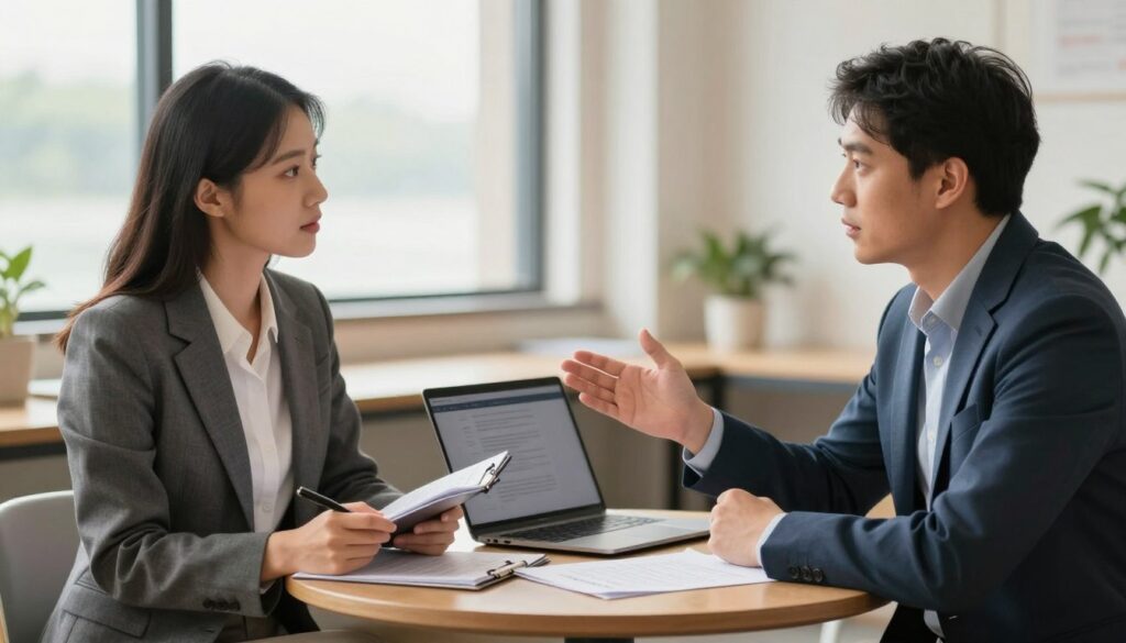 A professional setting depicting two business professionals, one a sponsor and the other an angler, engaged in a serious conversation to foster trust. In the foreground, a well-dressed woman in a tailored suit, holding a notepad, is attentively listening to a man in smart casual attire who is gesturing with an open hand, symbolizing transparent communication. The middle ground showcases a round table with a laptop and documents, emphasizing collaboration. In the background, a softly lit office space with large windows allows for natural light to create a warm atmosphere. The scene conveys a sense of mutual respect and partnership, highlighting the essence of maintaining trust in sponsor relationships. The overall mood is professional, focused, and encouraging.
