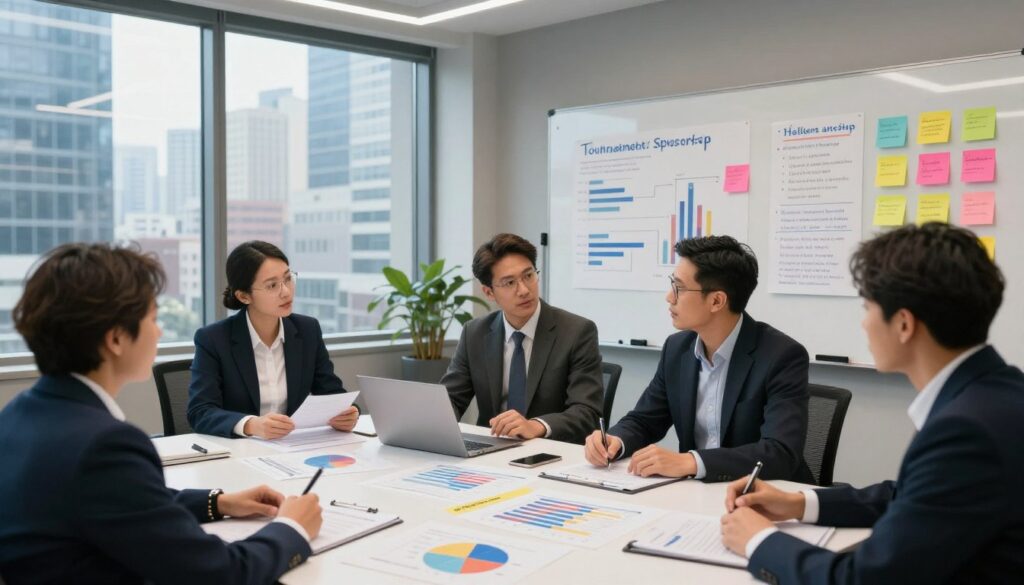 A professional workspace setting focusing on a case analysis of tournament sponsorships. In the foreground, a diverse group of business professionals, dressed in smart business attire, engaged in a discussion around a large table laden with charts, graphs, and documents that depict sponsorship success stories. The middle ground features a large whiteboard with colorful sticky notes highlighting challenges and solutions, showcasing a blend of creativity and strategic planning. The background includes a window with a view of a bustling cityscape, suggesting an atmosphere of innovation and ambition. Soft overhead lighting enhances the clarity of the scene, while a slight angle from above adds depth and dynamism, inviting viewers to feel involved in the collaborative efforts of overcoming obstacles in sponsorships.