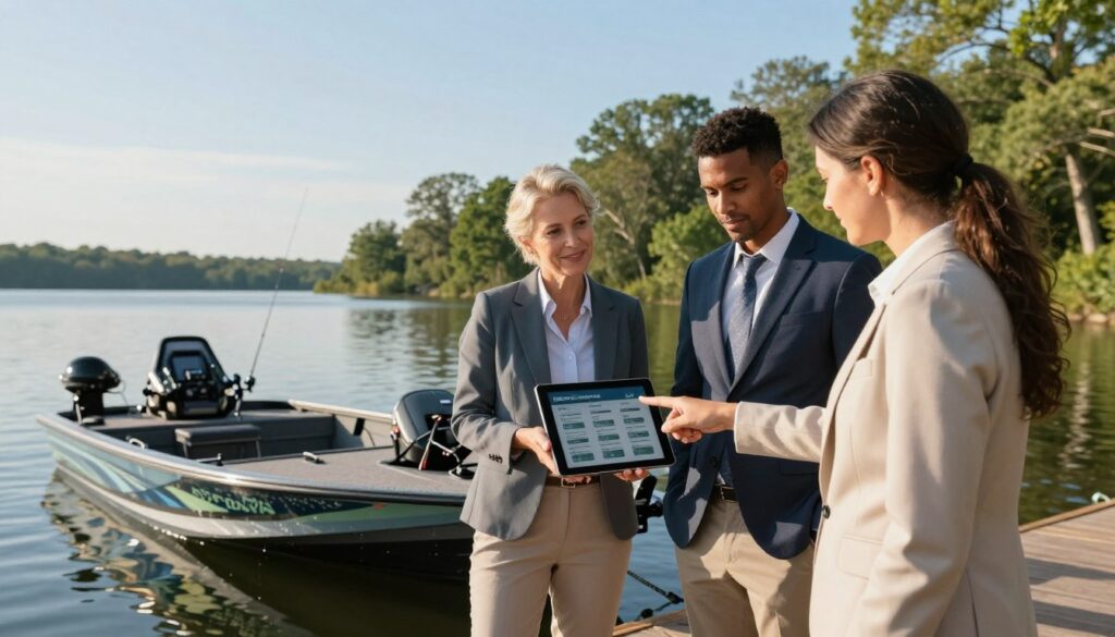 A serene lakeside setting during a sunny afternoon, featuring a diverse group of four professionals in smart business attire engaged in a discussion about bass tournament sponsorship. In the foreground, a well-dressed woman points to a digital tablet displaying statistics and potential sponsorship benefits. The middle ground includes a large bass boat with fishing gear, symbolizing the tournament environment. In the background, lush trees and a clear blue sky create a tranquil atmosphere. Soft lighting enhances the scene, casting gentle shadows and highlighting the vibrant colors of nature. The mood is focused and optimistic, showcasing collaboration and strategic thinking. The composition emphasizes teamwork, opportunity, and the excitement of the fishing community.