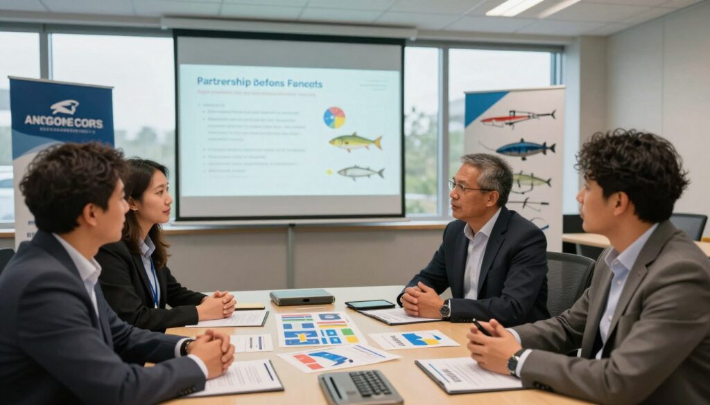 A vibrant and engaging conference room scene dedicated to exploring event collaboration strategies for sponsors in angler competitions. In the foreground, a diverse group of four professionals in business attire are engaged in a dynamic discussion around a large conference table, displaying charts and branding materials showcasing sponsorship opportunities. In the middle, a projector displays a visually appealing infographic emphasizing partnership benefits, while various angling gear and sponsor logos are subtly integrated into the layout. The background features large windows allowing natural light to pour in, creating a warm and inviting atmosphere. Soft, diffused lighting enhances the professionalism of the scene, captured from a slightly elevated angle to encompass facial expressions and the vibrant exchange of ideas. The overall mood conveys enthusiasm and teamwork around fostering sponsor involvement. A vibrant and engaging conference room scene dedicated to exploring event collaboration strategies for sponsors in angler competitions. In the foreground, a diverse group of four professionals in business attire are engaged in a dynamic discussion around a large conference table, displaying charts and branding materials showcasing sponsorship opportunities. In the middle, a projector displays a visually appealing infographic emphasizing partnership benefits, while various angling gear and sponsor logos are subtly integrated into the layout. The background features large windows allowing natural light to pour in, creating a warm and inviting atmosphere. Soft, diffused lighting enhances the professionalism of the scene, captured from a slightly elevated angle to encompass facial expressions and the vibrant exchange of ideas. The overall mood conveys enthusiasm and teamwork around fostering sponsor involvement.