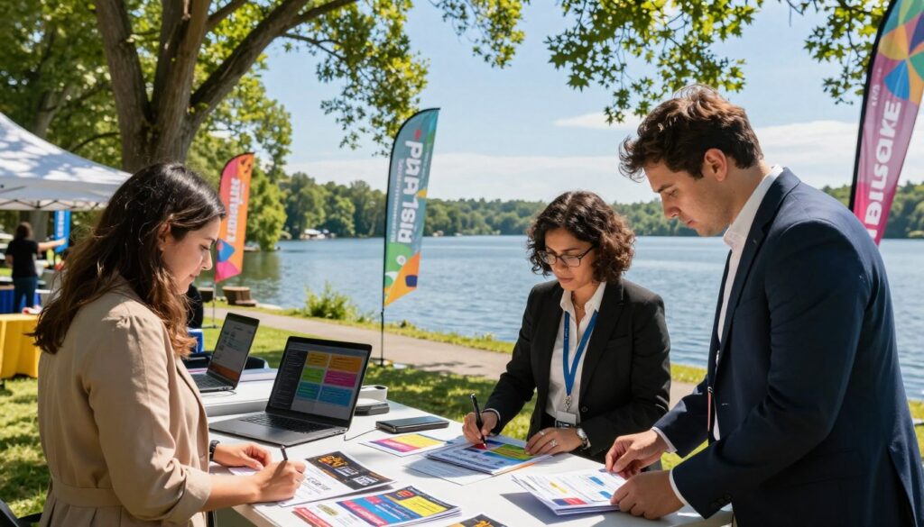 A vibrant and engaging event marketing setup at Bass Lake, showcasing a professional team working diligently on creating compelling marketing materials. In the foreground, a diverse group of three individuals dressed in business attire collaborates around a large table, covered with brochures, flyers, and digital devices displaying colorful designs. The middle section features a beautiful view of Bass Lake, framed by lush green trees and a clear blue sky, creating an inviting atmosphere. In the background, event banners flutter gently in the breeze, adding pops of color and energy. The lighting is bright and natural, enhancing the cheerful, optimistic mood. A warm, inviting sunlight enhances the scene, conveying a sense of excitement and opportunity in the world of event marketing.