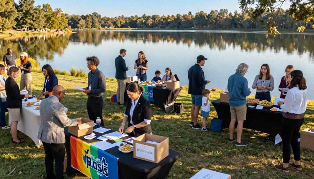 A vibrant charity event scene at Bass Lake, showcasing a diverse group of people engaged in various activities. In the foreground, volunteers in professional business attire and modest casual clothing are setting up tables with colorful banners and donation boxes. The middle ground features participants bidding at a silent auction and families enjoying refreshments, with smiles and laughter creating an inviting atmosphere. In the background, the serene lake reflects a clear blue sky, surrounded by trees, enhancing the sense of community and nature. Soft, warm lighting bathes the scene in a welcoming glow, aiming to evoke a spirit of generosity and togetherness. The lens captures the action from a slightly elevated angle, giving depth and perspective to the lively setting.