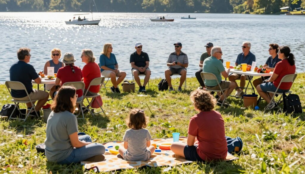 A vibrant community gathering at Bass Lake, showcasing a diverse group of people engaging in various activities. In the foreground, a family enjoys a picnic with children playing nearby, all wearing casual clothing that reflects a sunny day. The middle ground features a small group of adults participating in a community discussion, seated at tables adorned with local produce and event flyers. In the background, the serene lake glistens under the warm sunlight, with a few boats leisurely floating on the water. The atmosphere is lively and inviting, filled with laughter and connectivity, emphasizing community engagement. Use natural lighting to enhance the cheerful mood, capturing this moment from an eye-level perspective to foster a sense of inclusion and warmth.