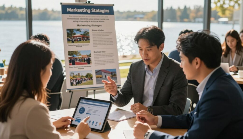 A vibrant community meeting scene at Bass Lake, showcasing a diverse group of professionals engaged in discussion about event sponsorship. In the foreground, a group of three individuals, one in formal business attire and two in smart casual clothing, are animatedly reviewing social media analytics on a tablet, emphasizing collaboration. In the middle, a large poster board displays marketing strategies, with visuals of Bass Lake events and community support initiatives. The background features a scenic view of Bass Lake, with sunlight reflecting off the water, creating an inviting atmosphere. Soft, warm lighting enhances the friendly mood, highlighting the enthusiasm and determination of the participants. The angle is slightly elevated to capture both the individuals and the scenic backdrop, emphasizing the connection between local engagement and sponsorship potential.