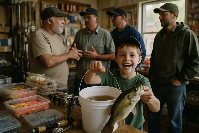 Community fishing volunteers standing near a freshwater shoreline