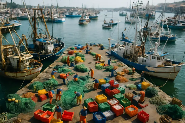 Fishing harbor with small boats tied near the dock