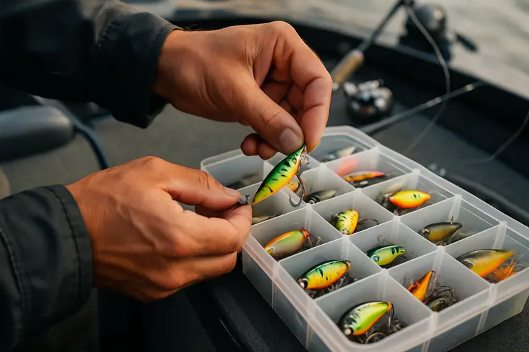 Two anglers checking rods and tackle beside a trailered bass boat