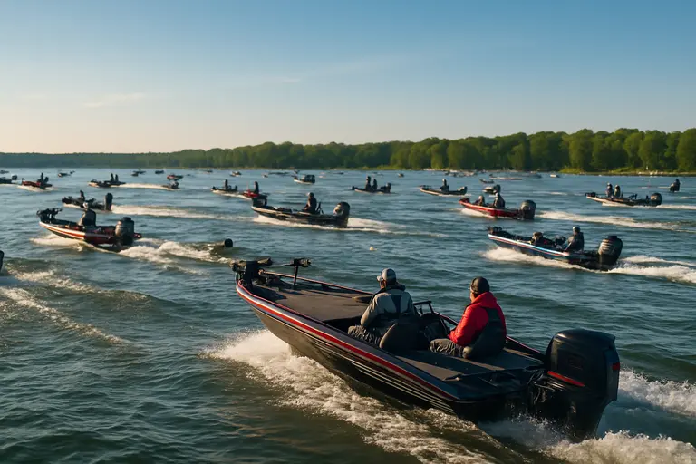 Multiple bass boats idling near a tournament launch area