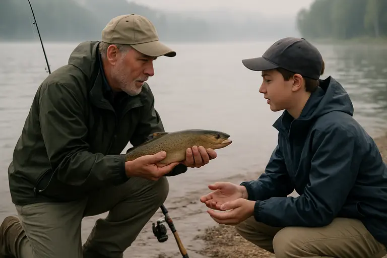 Angler releasing a freshwater fish gently into moving water