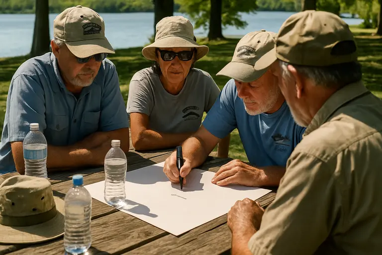 Tournament director reviewing notes beside rods and a river map