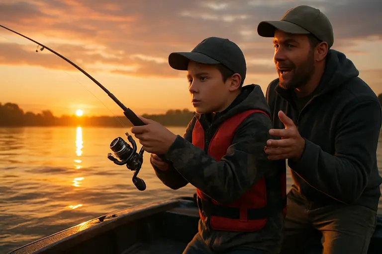 young angler watching a bass fishing weigh-in with family nearby