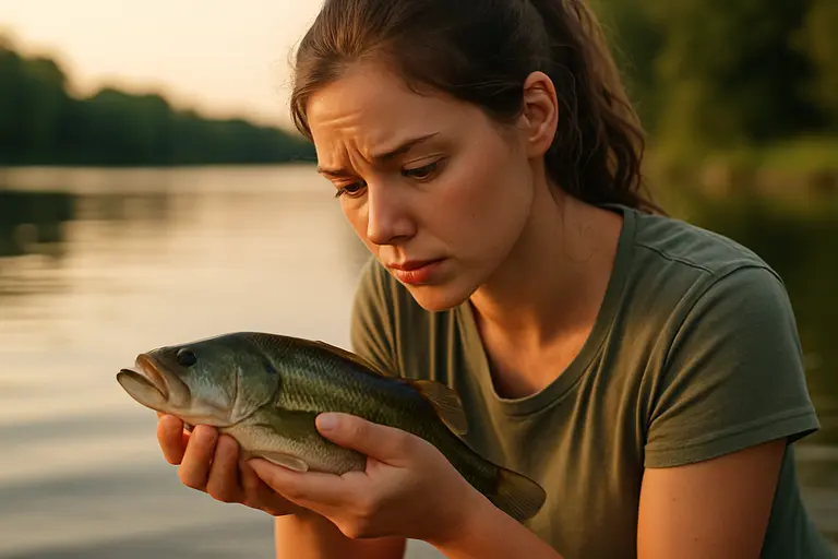 Smallmouth bass being released by hand into clear lake water