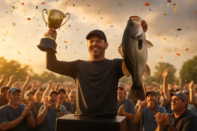 Tournament angler holds a large bass at a lakeside weigh-in