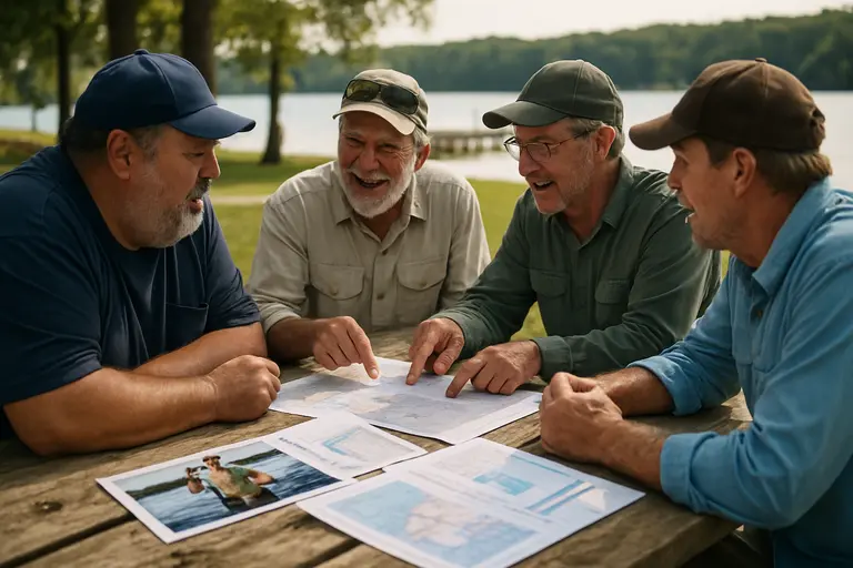 Club anglers gathered near boats before a freshwater tournament launch