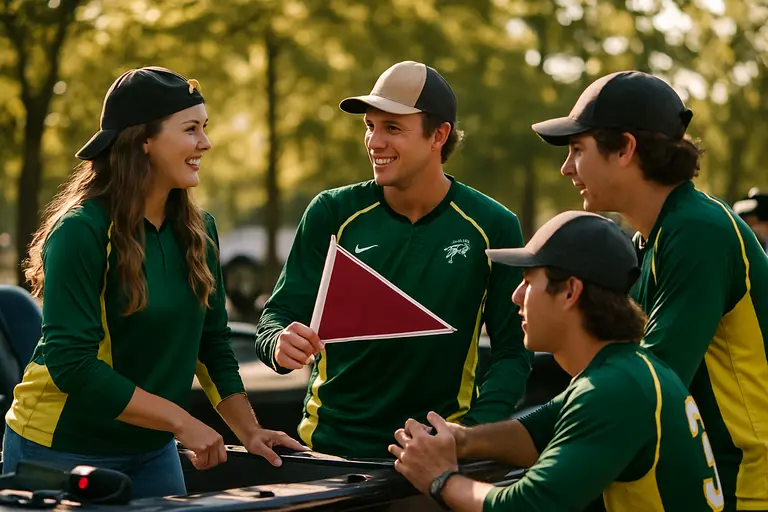 College anglers preparing rods together beside a bass boat