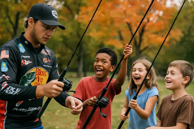Youth anglers listening near boats at a local fishing event
