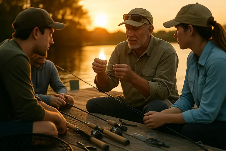 Angler checking rods and reels on a bass boat deck before fishing