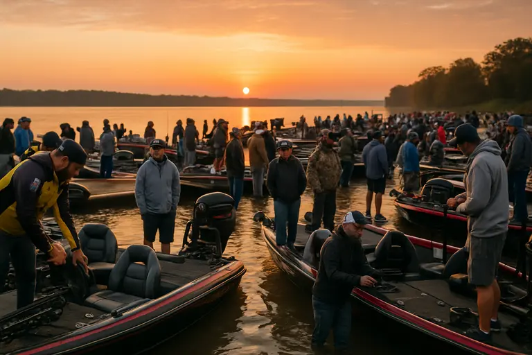 Bass boat idling past docks on a calm tournament morning