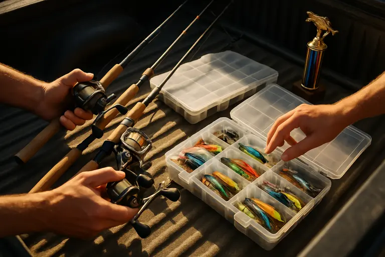 Fishing rods and sonar screen on a bass boat console