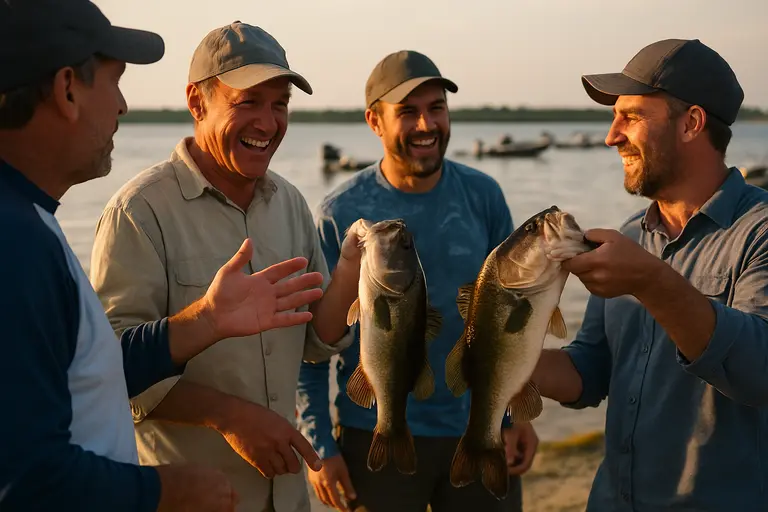 Local anglers prepare boats near a freshwater tournament ramp