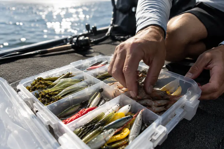 Soft plastics and spoons arranged beside fishing tools on a skiff deck