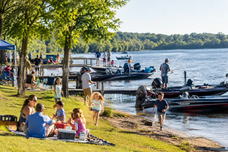 Tournament boats staged near a public landing before morning takeoff